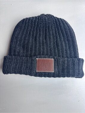 Love Your Melon Black Knit Beanie with Brown Leather Patch